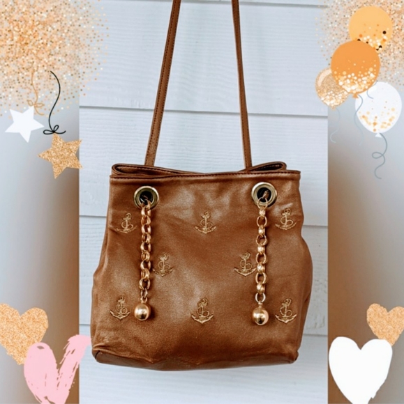 L.J. SIMONE NEW YORK GOLD LEATHER ANCHOR BAG - Picture 1 of 7